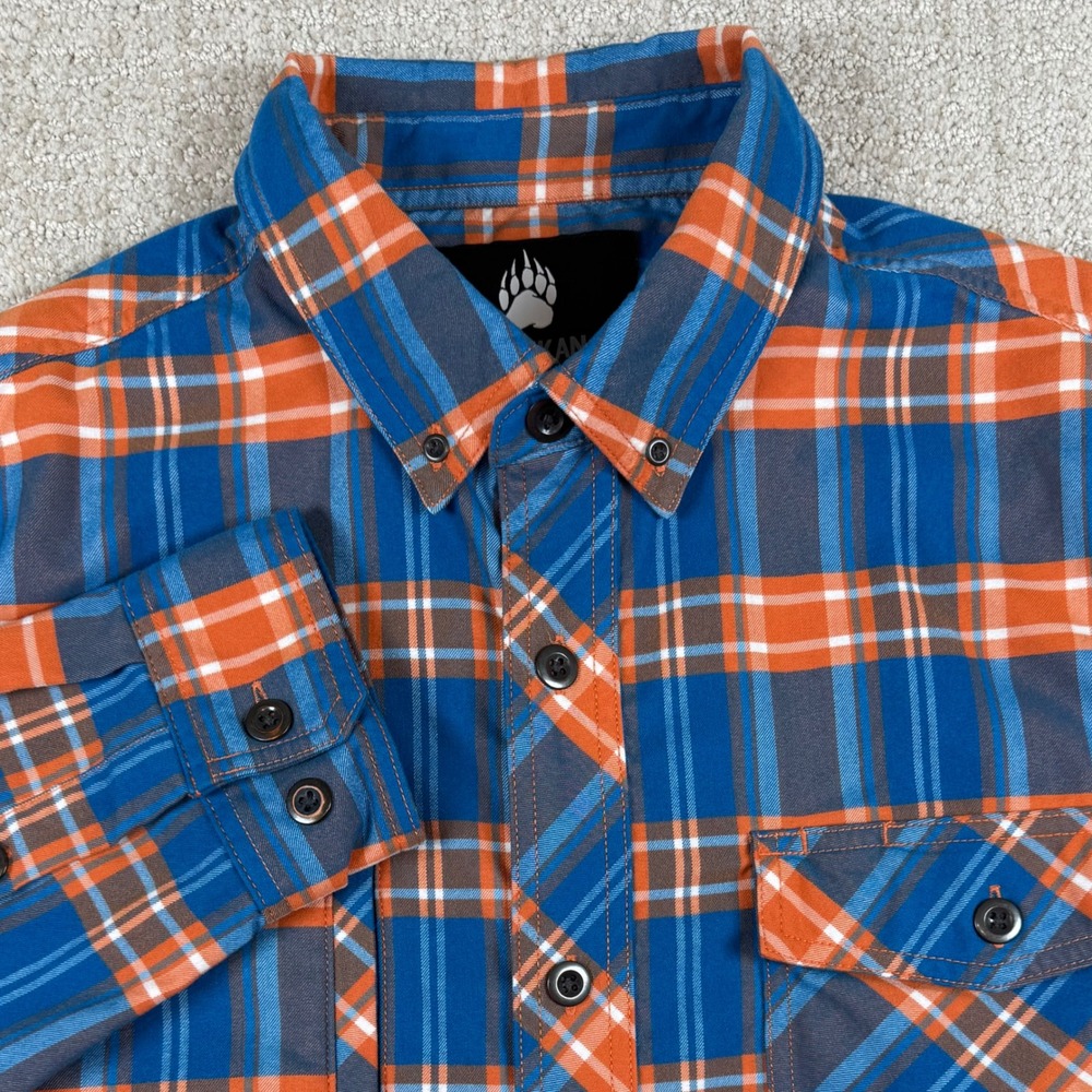 Alaskan Hardgear Mens Large Blue Orange Plaid Stretch Flannel Button Down Shirt